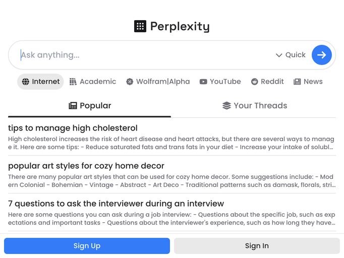 screenshot of Perplexity AI